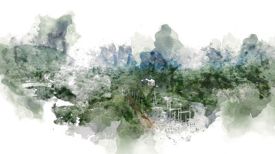 在水彩插画背景上抽象彩色山野风景。