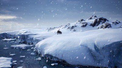 一只巨大的猛犸象正沿着积雪覆盖的冰川行走。冬季自然条件下巨大的高冰川。北极冬季景观。3 d渲染。