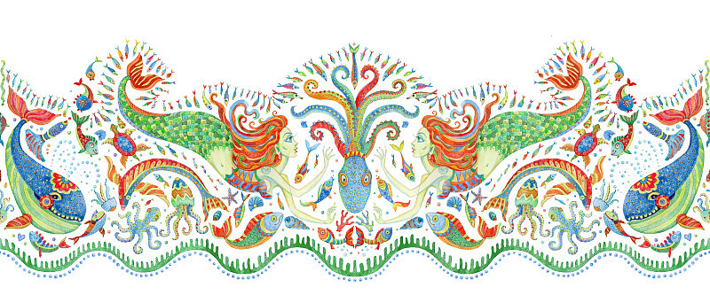无缝边框图案手绘童话海洋动物和美人鱼。水彩幻想鱼，章鱼，珊瑚，贝壳，泡沫在白色的背景。蜡染流苏，纺织