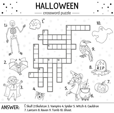 Vector black and white Halloween crossword puzzle 
