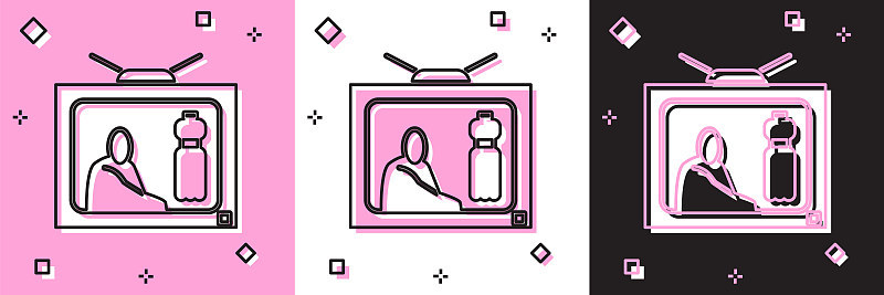 设置停止塑料污染图标隔离在粉红色和白色，黑色背景。生态的海报。矢量图