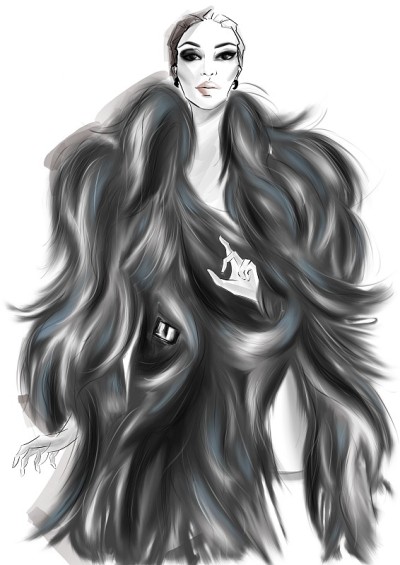一个穿着裘皮大衣的女孩的时尚插图
