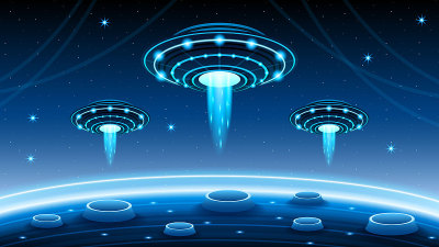 摘要外星人在飞碟在黑暗的空间行星背景梯度不明飞行物Ufo星星矢量设计风格