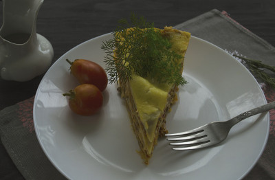 美味的自制千层面，配上肉末、番茄酱和莳萝，在乡村木制的背景下。自制的意大利菜
