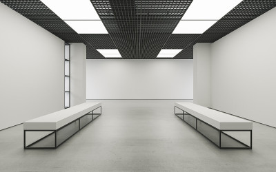 现代空旷极简的室内展览与干净的墙壁。阁楼