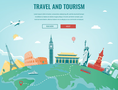 旅游作文与著名的世界地标。旅行和旅游。网站模板的概念。向量