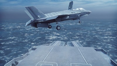 F-35战斗机从航空母舰垂直起飞。三维渲染