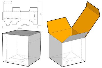 简单包装盒(内径10x10x10cm)和模切图案。.eps文件是完整的，功能齐全。为真正的纸板生产准