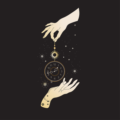 带时钟的魔法指针。有恒星和行星的空间。打印的t恤。