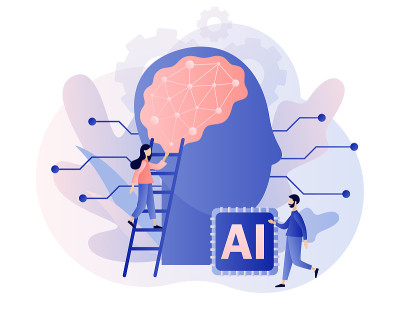 人工智能的概念。人工智能，机器学习，分析信息。数字大脑与神经网络。现代平面卡通风格。矢量插图上的白色