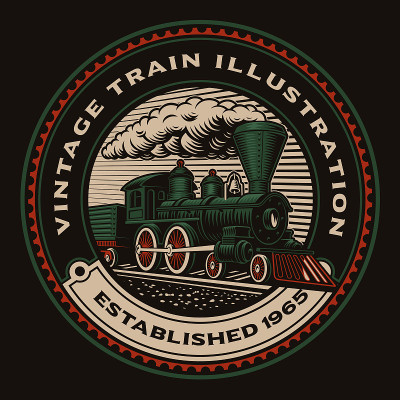 A colorful round emblem with a retro train.