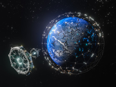 监视和研究太阳系外未知行星的卫星。美丽的抽象插图，行星在太空和闪亮的星星。有活火山的未知行星。库存图