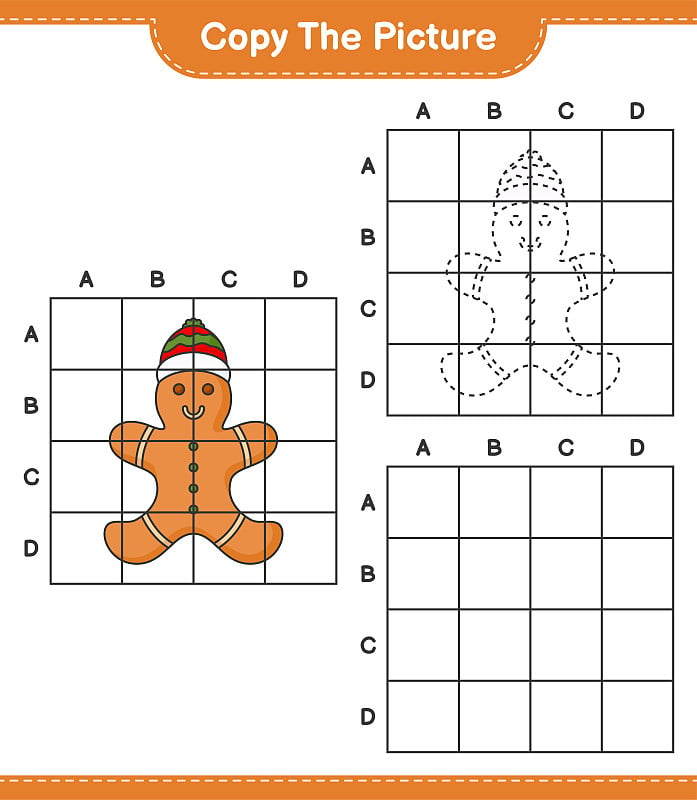 复制图片，用网格线复制姜饼人的图片。教育儿童游戏，可打印的工作表，矢量插图