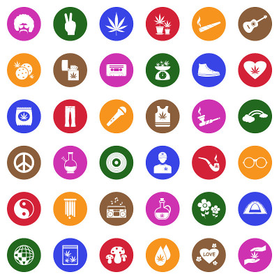 Hippie Icons. White Flat Design In Circle. Vector 
