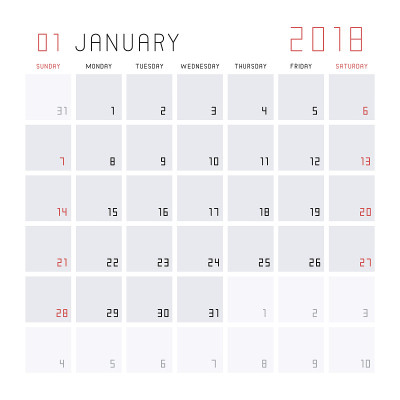 2018年1月日历