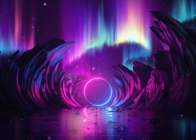 3d渲染，抽象背景，宇宙景观，北极光，圆形门户，粉蓝色霓虹灯，虚拟现实用户界面，激光环，能量，发光框