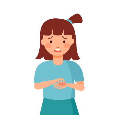 女童儿童抓挠手遭受强烈的过敏皮肤瘙痒症状在平面设计。皮肤红疹刺激。