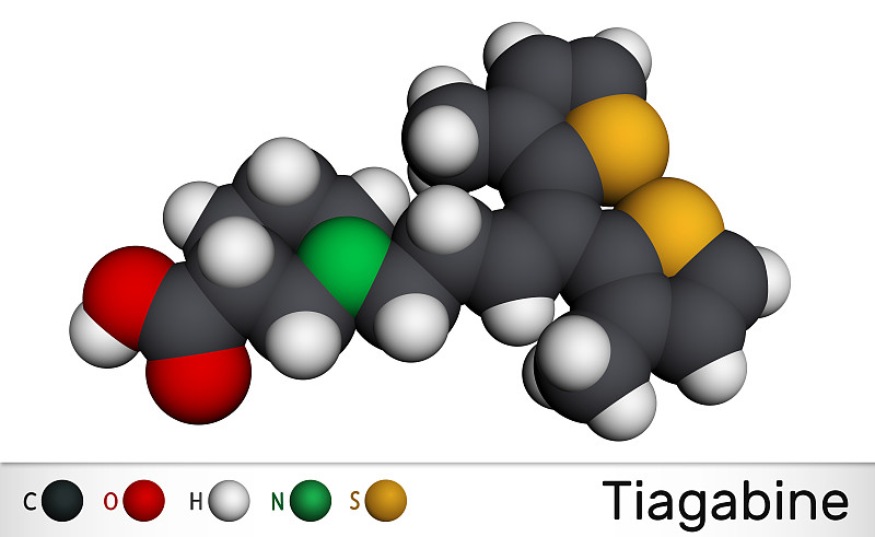 Tiagabine, C20H25NO2S2分子。它是抗惊厥药物，用于治疗癫痫。分子模型