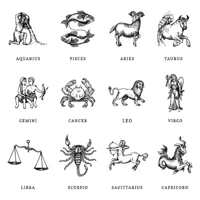 十二生肖符号集，手绘雕刻风格。矢量图形复古插图占星符号。
