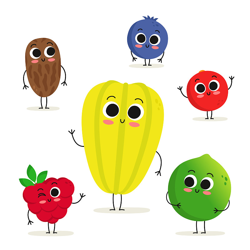 Set of 6 cute cartoon fruit and berry characters i