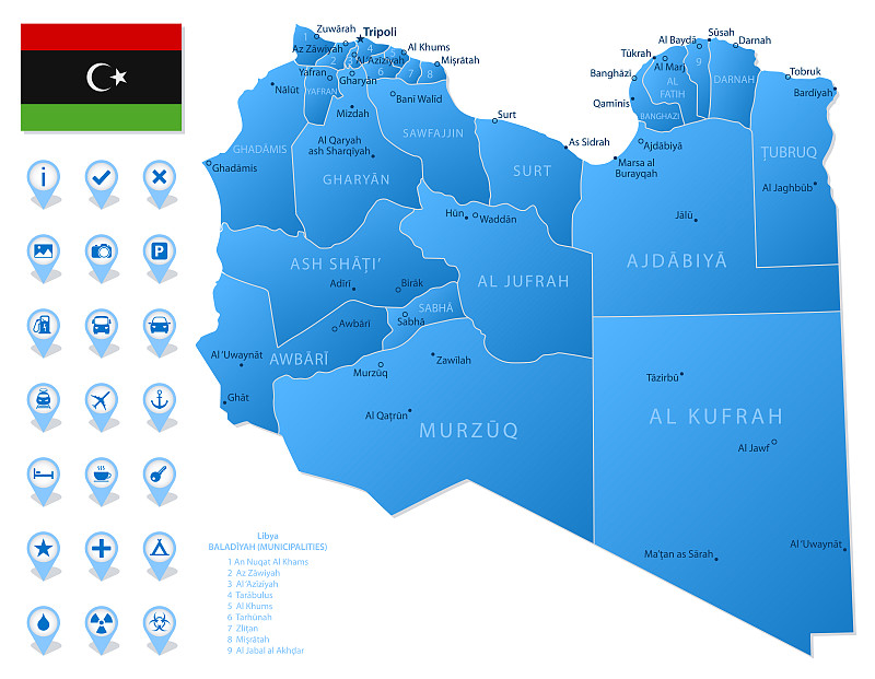 利比亚行政区划的蓝色地图与旅游信息图标。