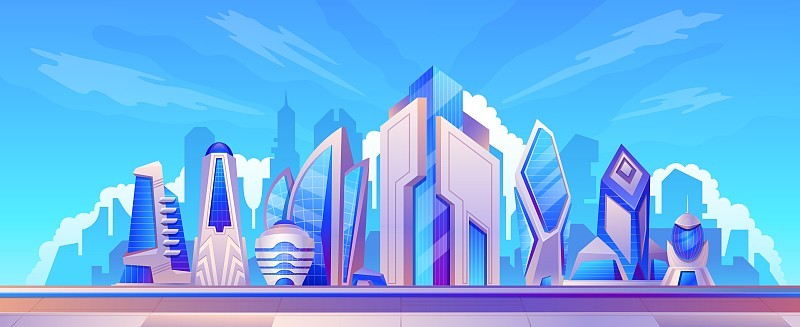 卡通未来智能城市景观与玻璃摩天大楼。现代城市景观建筑。未来都市建筑矢量场景
