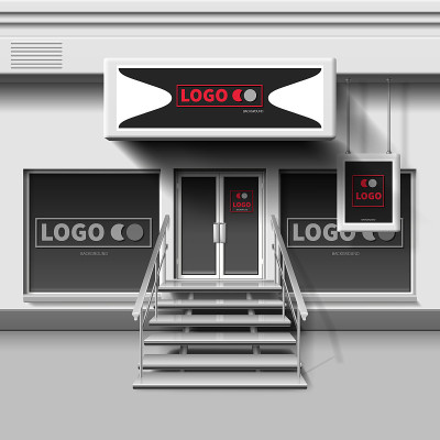 商店外部向量模板。3d店面与入口门