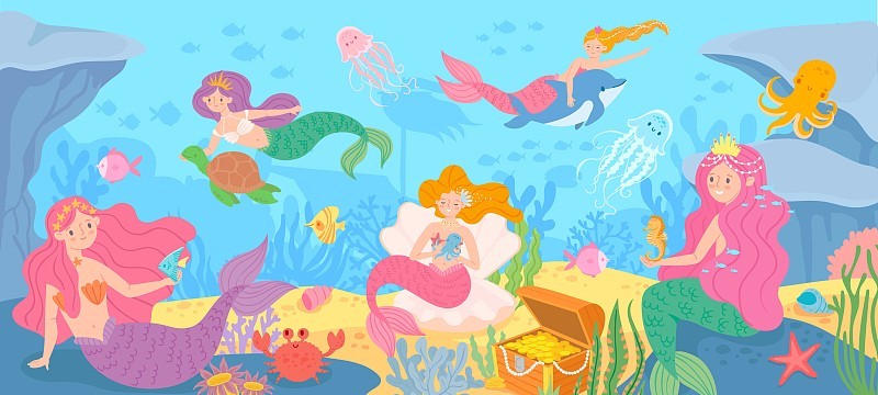 Underwater with mermaids. Seabed with mythical pri