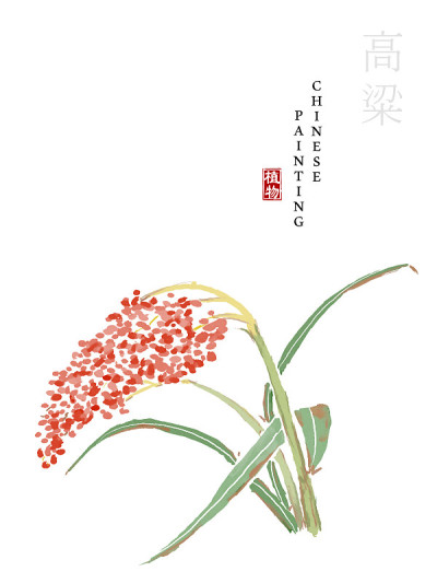 中国水墨画艺术插图自然植物《诗经高粱》。植物和高粱