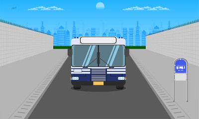 在城市的户外道路，深蓝色的天空，正面看公交车站，站杆灯标志，水平矢量插图eps10