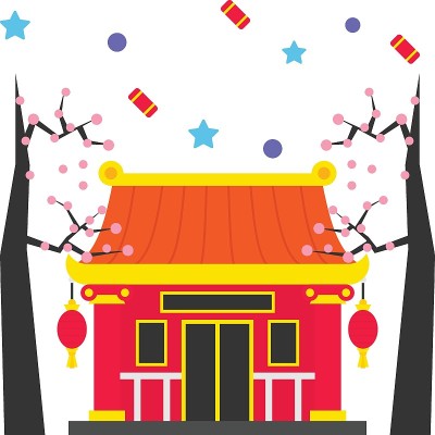 以树为概念的佛教寺庙、寺塔寺或祭祀场所矢量色彩图标设计、中国传统文化符号、2022年虎年标志、中国旅