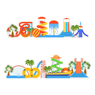 Cartoon Aquapark Playground Elements Line Set. Vec