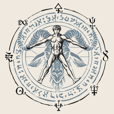 banner with a horned goat head and a human figure
