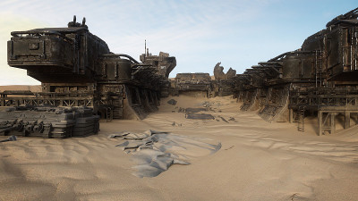 在一个遥远的外星星球的沙漠中一个前哨站的废弃废墟的3D渲染。