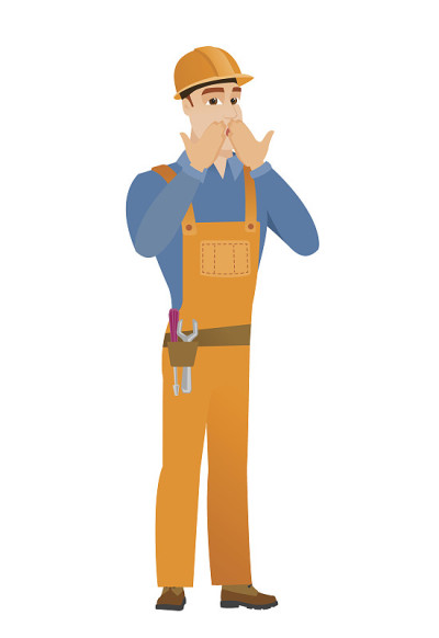 颤抖的白种建筑工人捂着嘴