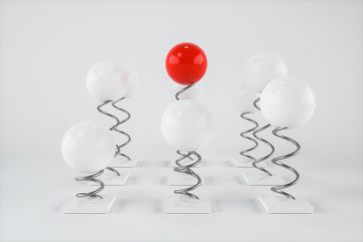 抛光球附在弹簧上，3d渲染。
