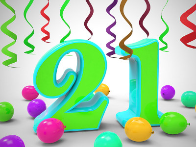 庆祝21岁生日的气球展示了一个快乐的事件。——3 d演示