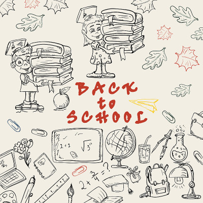 学校主题素描插图，学校科目及与学习有关的科目设计