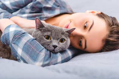 美丽快乐的女孩和英国短毛猫躺在床上