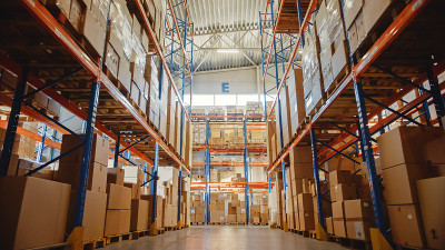 Big Retail Warehouse full of Shelves with Goods in