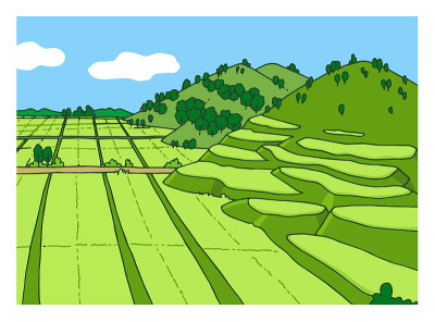 有山和田野的景观