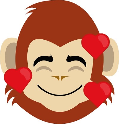 Vector emoticon插图卡通的猴子的头表达喜悦，在爱包围的心