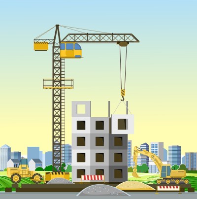 建设大型城市建筑。小镇。住宅和工业用品。起重吊车。现代化的技术和设备。说明向量。