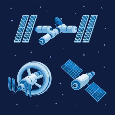 空间站和卫星轨道在星系收集集概念在卡通插图矢量