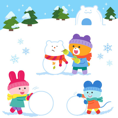 熊，兔子和老鼠在雪中玩耍