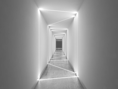 空白色隧道透视与混凝土地板，3d