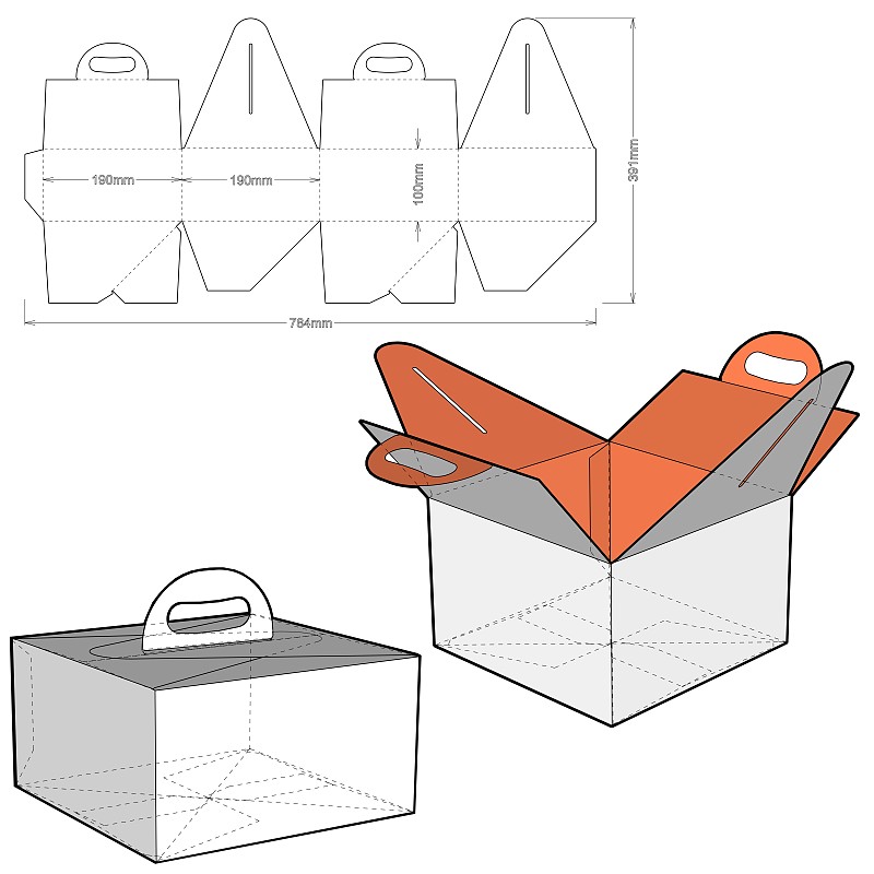 带手柄折叠盒(内部尺寸19x19x10cm)和模切图案。.eps文件是完整的，功能齐全。为真正的纸板