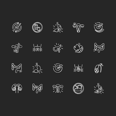 Stomach pain chalk white icons set on black backgr