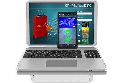 电子支付。信用卡和电脑。智能手机应用程序- 3D插图