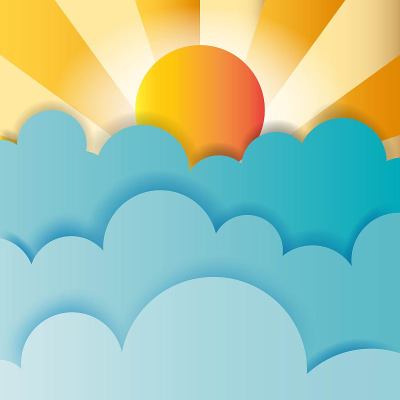 五颜六色的纸在蓝天上剪下了蓬松的云朵和阳光。现代3d纸艺术风格。矢量图的云景，晴天